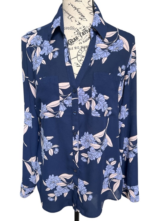 Express Tops - Express Navy Floral Button-Front Blouse with Light Pink and Lavender Print
